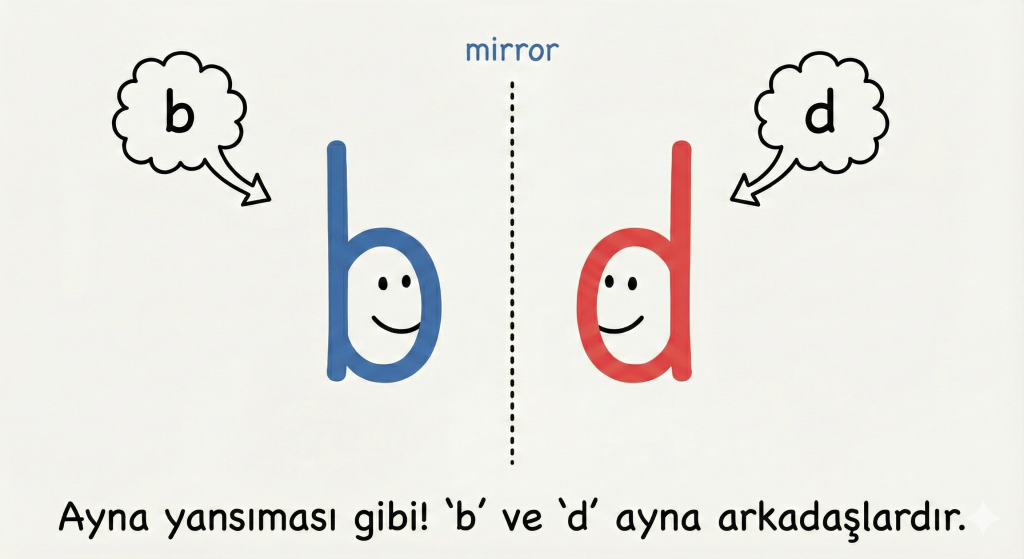 b ve d harflerinin ayna görüntüsü olması ve harf karıştırma nedeni